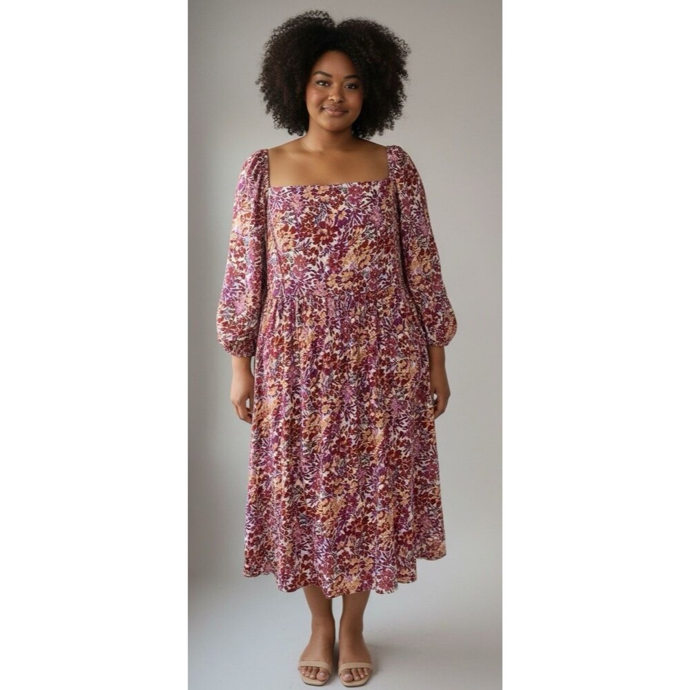 Gilli NEW womens smocked midi floral lined balloon sleeve floral dress 2X pretty